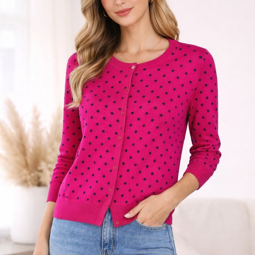 Ellen Tracy, Fushia/Blk Polka Dot Sweater. Sz Label Missing,  Measurement Listed